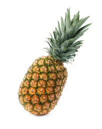 Photo of Tasty whole pineapple with leaves on white background