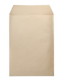 Photo of One blank kraft paper envelope isolated on white