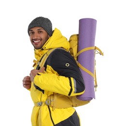 Photo of Happy tourist with backpack on white background