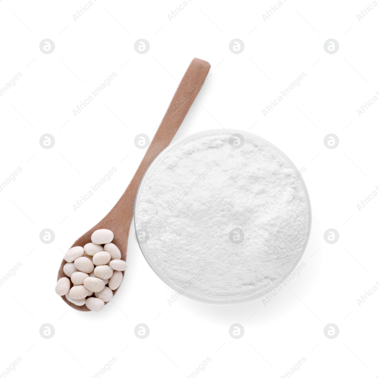 Photo of Flour in bowl and wooden spoon with kidney beans isolated on white, top view