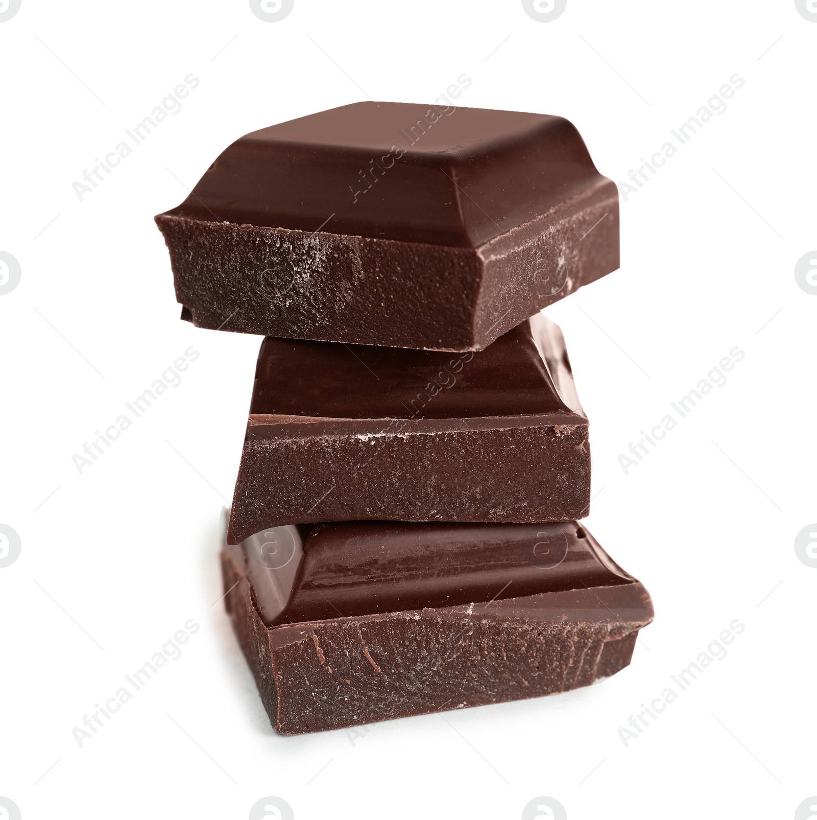 Photo of Pieces of tasty dark chocolate on white background