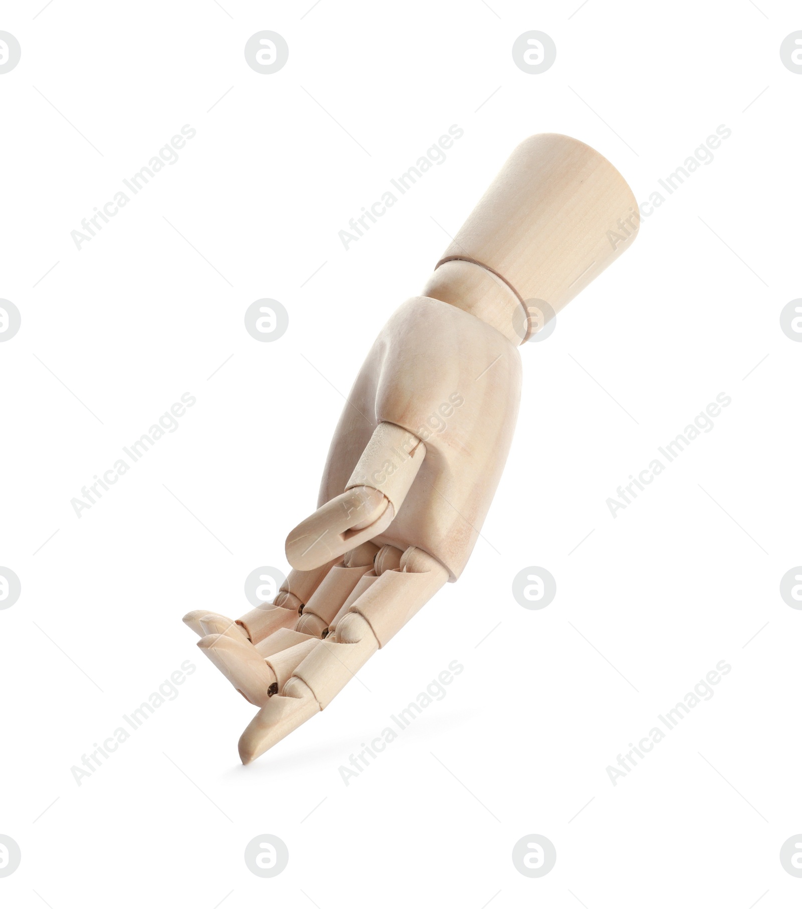 Photo of Wooden hand model on white background. Mannequin part