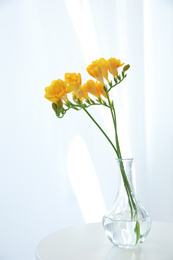 Photo of Beautiful yellow freesia flowers on table indoors