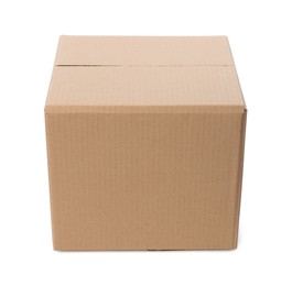 One closed cardboard box on white background