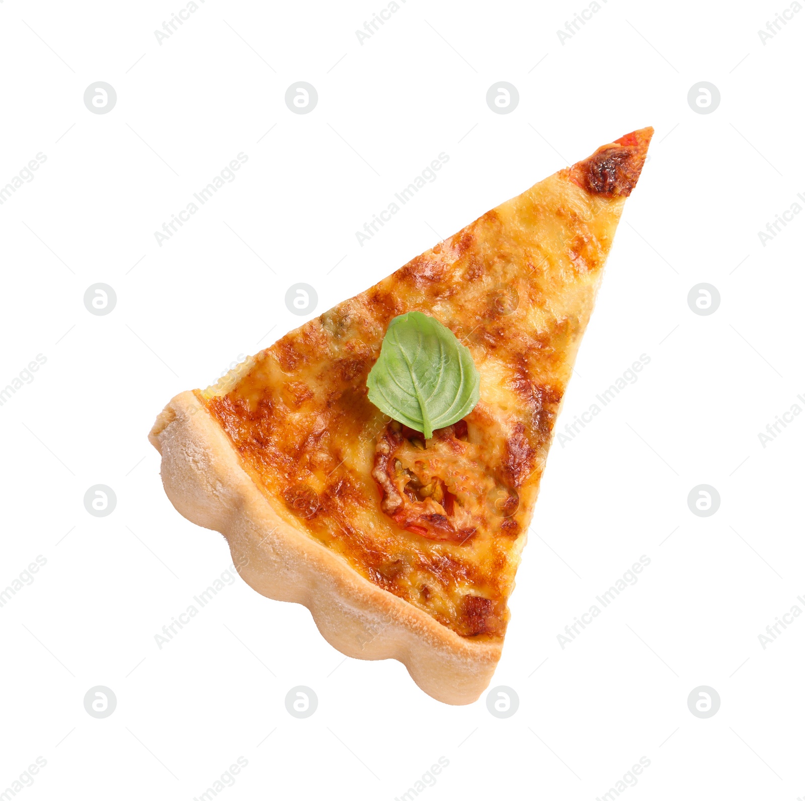 Photo of Piece of delicious homemade vegetable quiche isolated on white, top view
