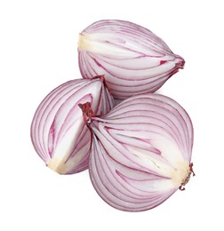 Photo of Ripe fresh red onions isolated on white, top view