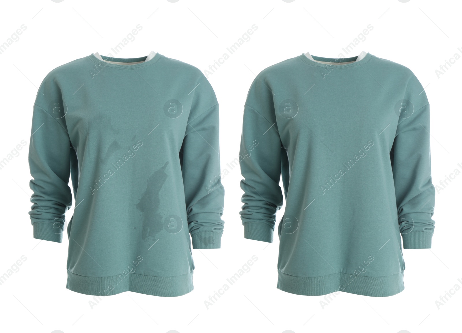 Image of Stylish sweater before and after dry-cleaning on white background