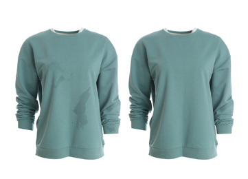 Stylish sweater before and after dry-cleaning on white background