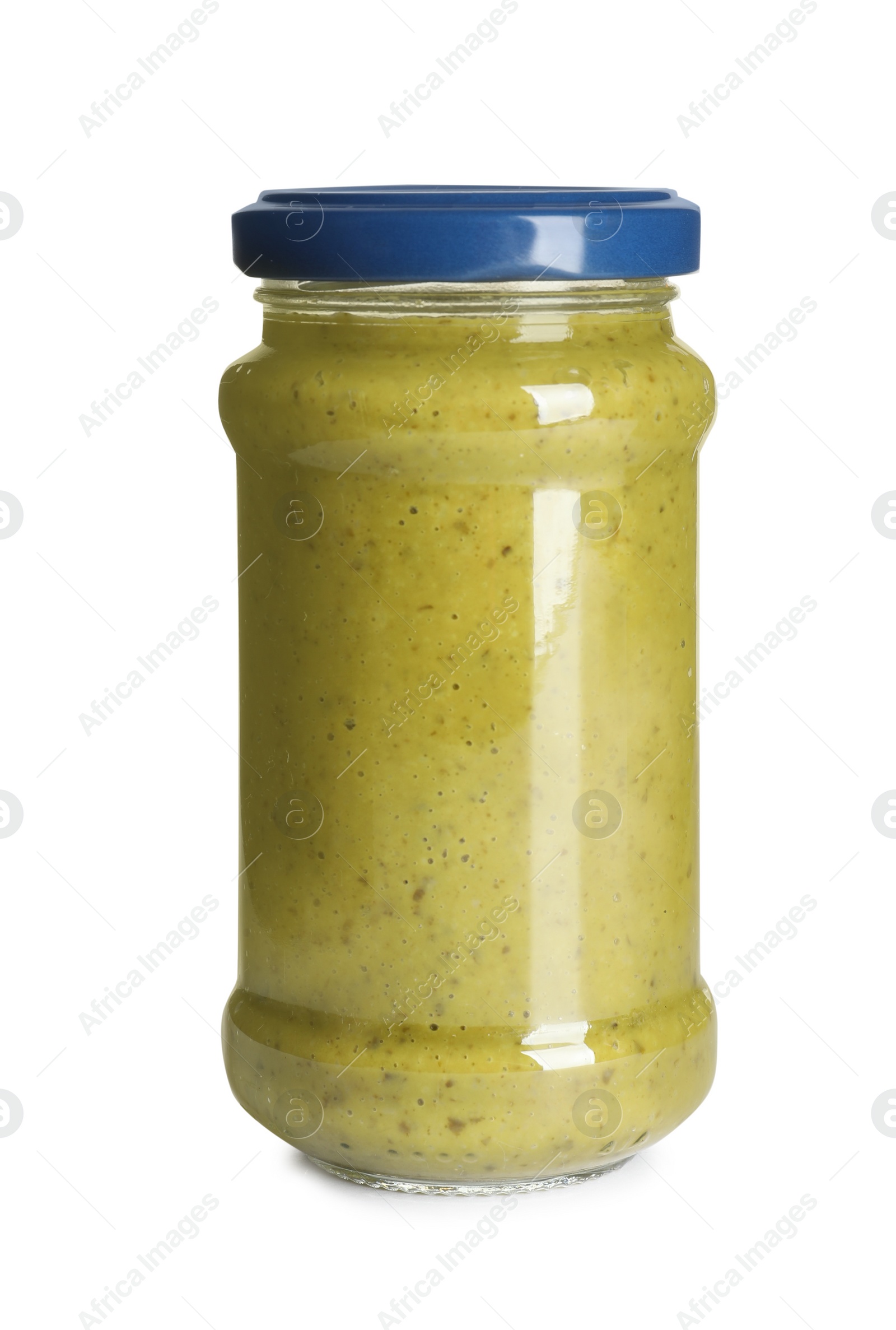 Photo of Delicious pesto sauce in glass jar on white background