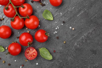 Photo of Ripe tomatoes, basil and spices on gray textured table, flat lay. Space for text