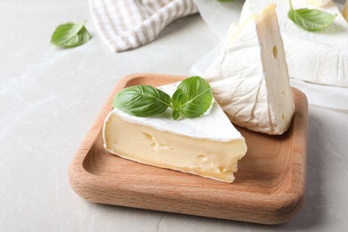 Photo of Delicious brie cheese with basil on light grey table