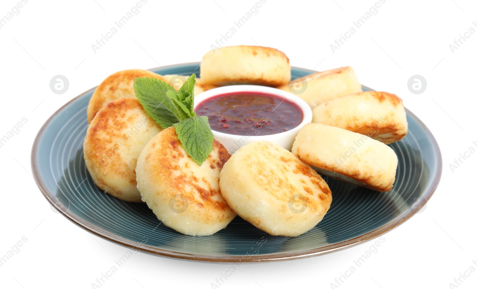 Photo of Delicious cottage cheese pancakes with jam and mint isolated on white