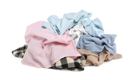 Photo of Pile of colorful clothes isolated on white