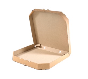 Open cardboard pizza box on white background. Food delivery