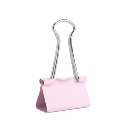 Pink binder clip isolated on white. Stationery item