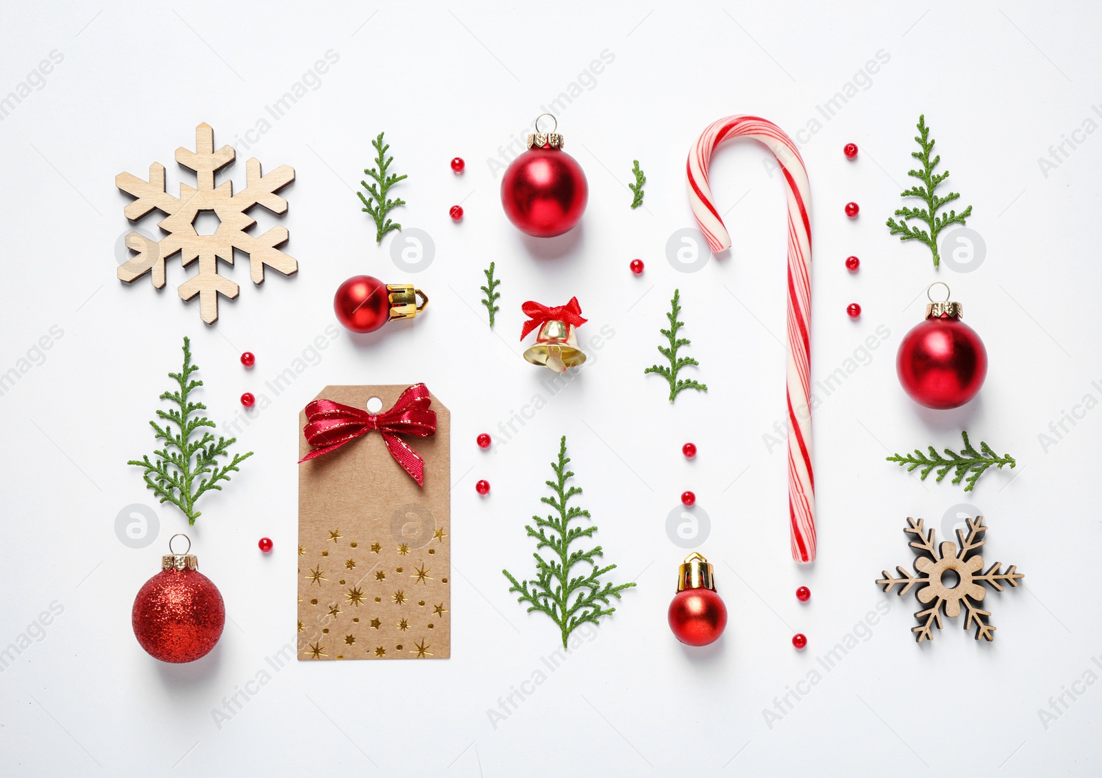 Photo of Flat lay composition with Christmas decor on white background