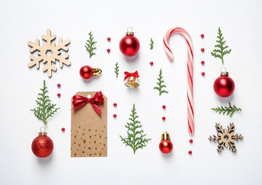 Photo of Flat lay composition with Christmas decor on white background