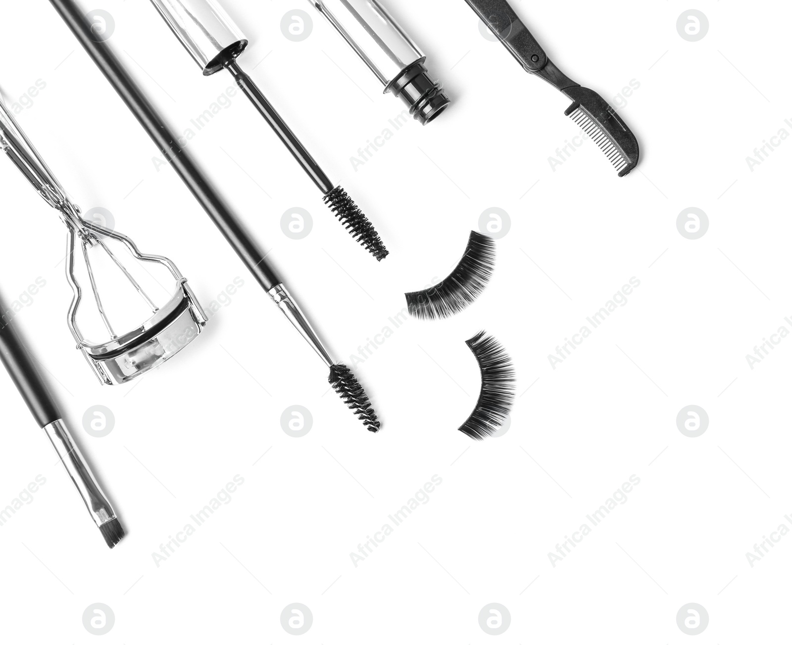 Photo of Composition with false eyelashes, mascara and curler on white background, flat lay