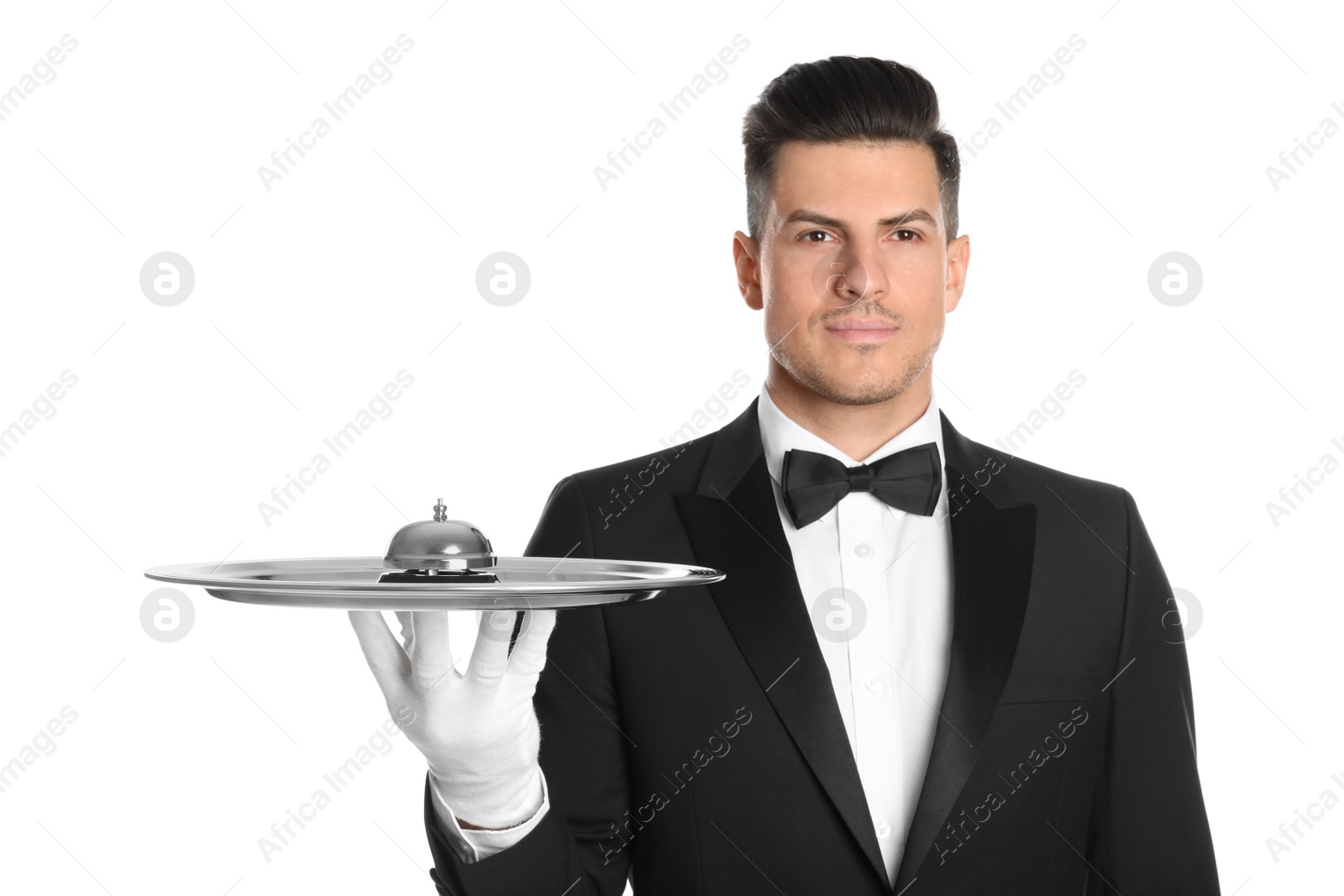 Photo of Butler holding metal tray with service bell on white background