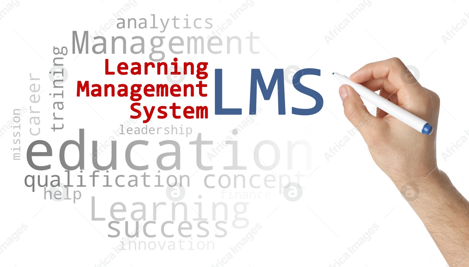 Image of Learning management system. Woman writing abbreviation LMS on white board, closeup