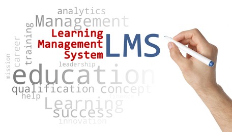 Learning management system. Woman writing abbreviation LMS on white board, closeup
