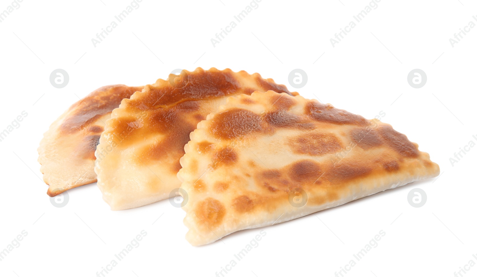 Photo of Delicious fried chebureki isolated on white. Traditional pastry