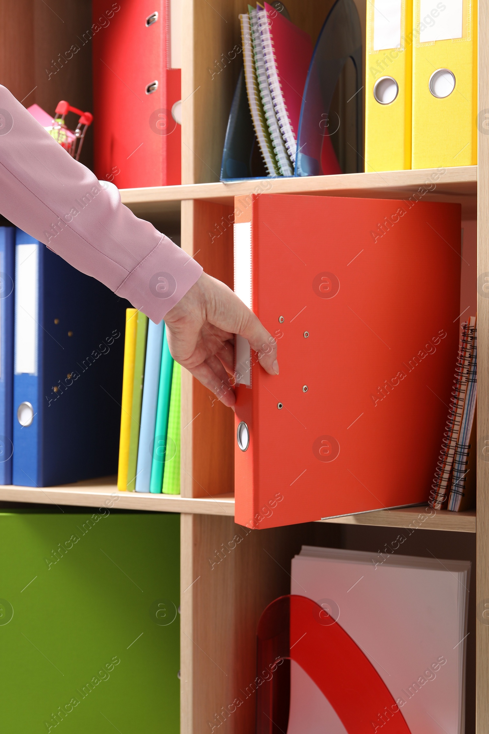 Photo of Woman taking binder office folder from shelving unit, closeup