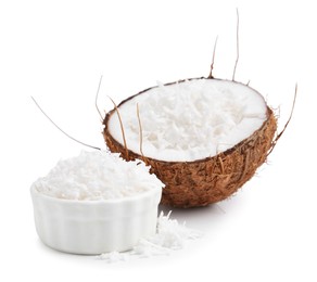 Photo of Coconut flakes and nut isolated on white