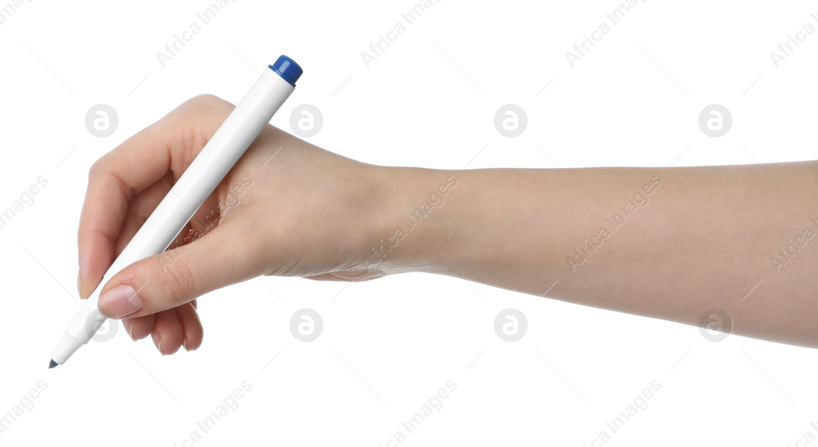 Photo of Woman holding color marker on white background, closeup