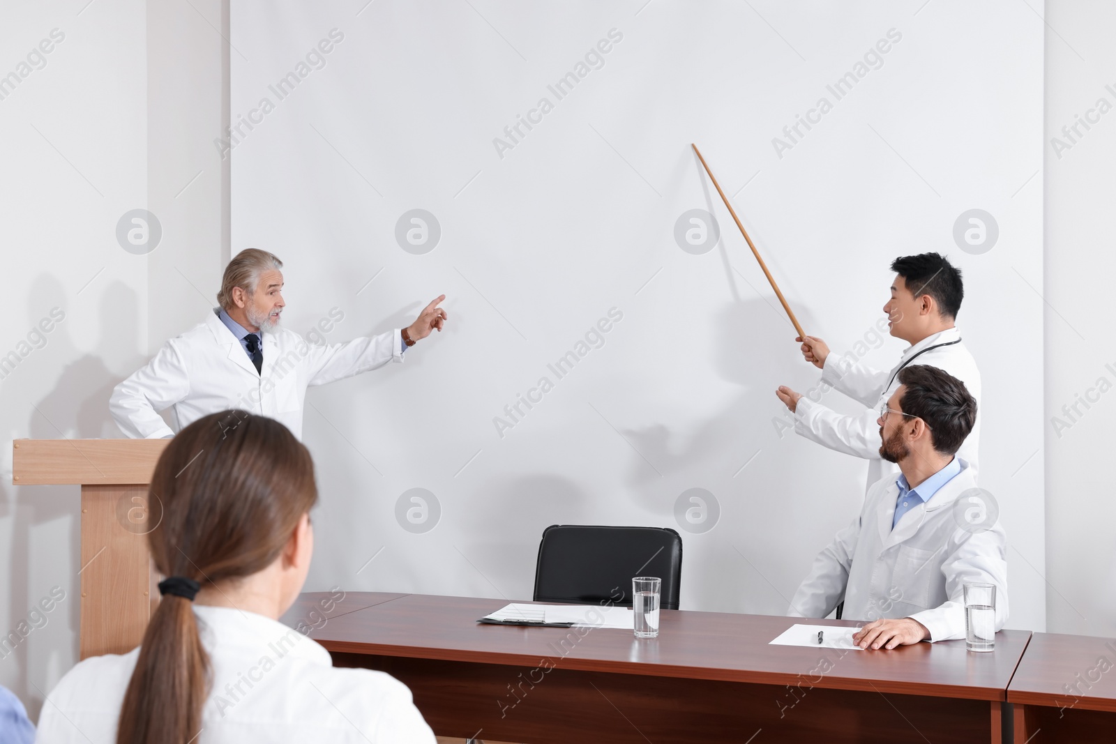 Photo of Doctors giving lecture near projection screen in conference room