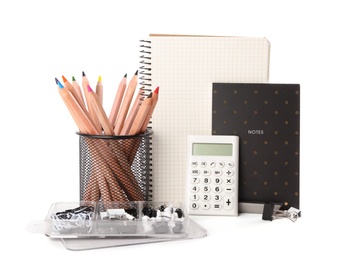 Photo of Set of different school stationery on white background