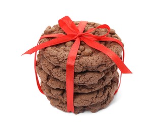 Tasty homemade chocolate chip cookies tied with red ribbon isolated on white