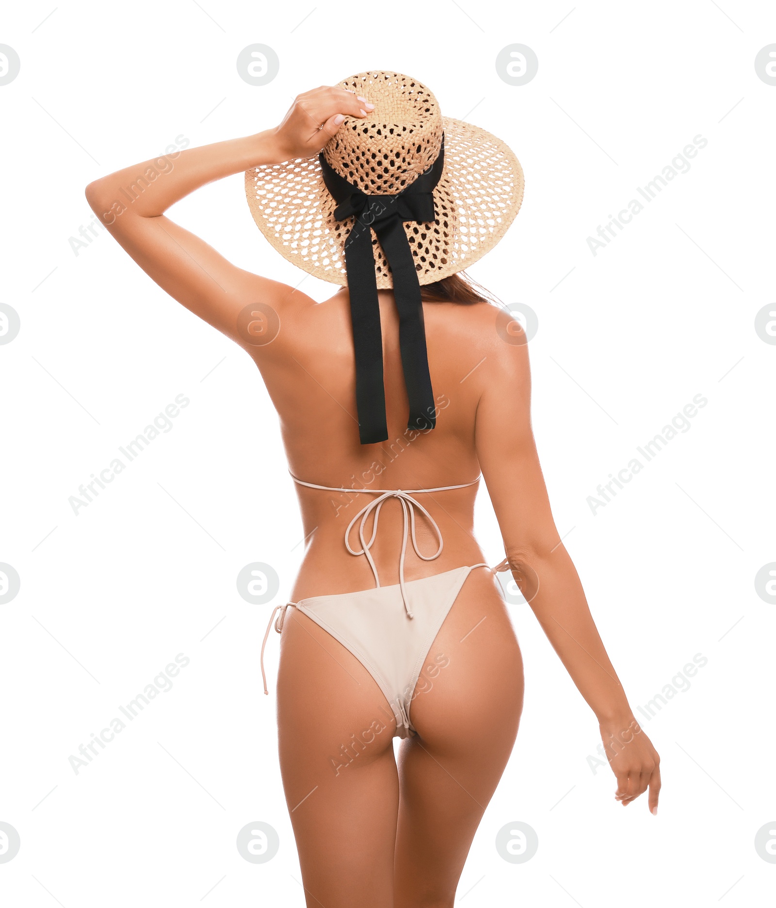 Photo of Beautiful woman in stylish bikini on white background, back view