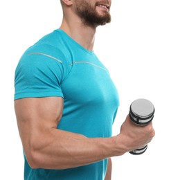 Man with dumbbell exercising on white background, closeup