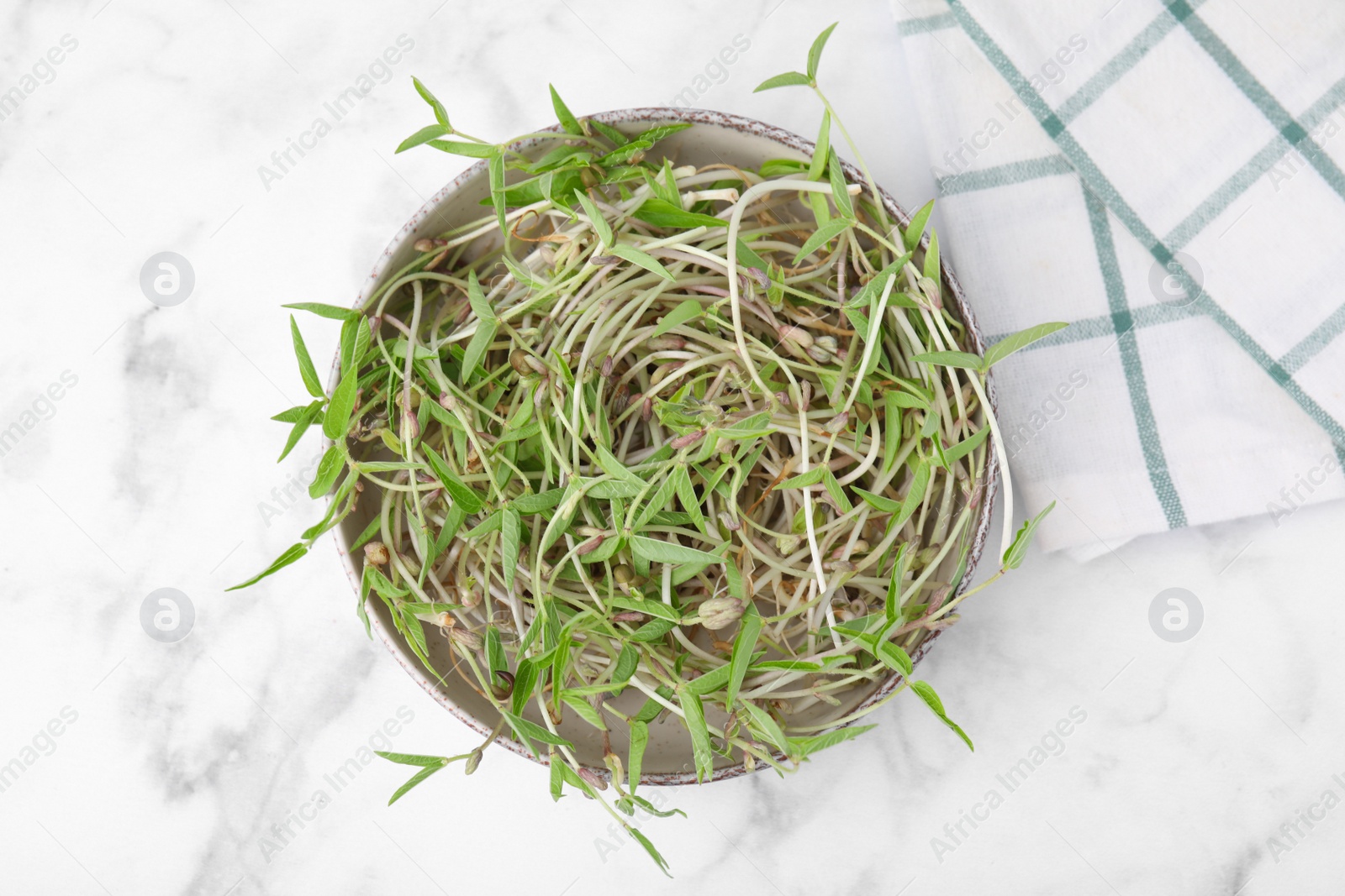 Photo of Mung bean sprouts in bowl on white marble table, top view