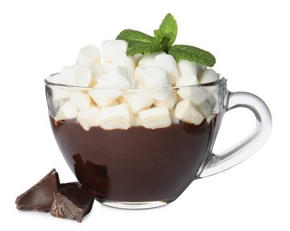 Photo of Glass cup of delicious hot chocolate with marshmallows and fresh mint on white background