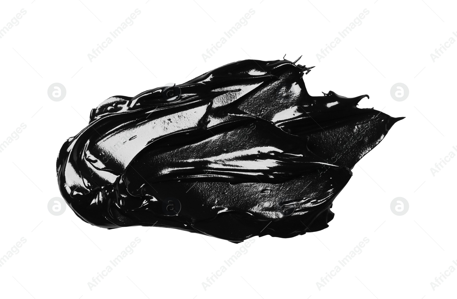 Photo of Smear of black glossy paint on white background, top view