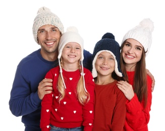 Happy family in warm clothes on white background. Winter season