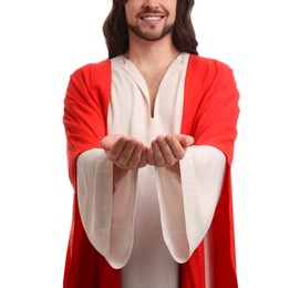 Photo of Jesus Christ reaching out his hands on white background, closeup