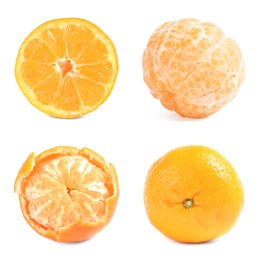 Image of Set of fresh ripe tangerines on white background