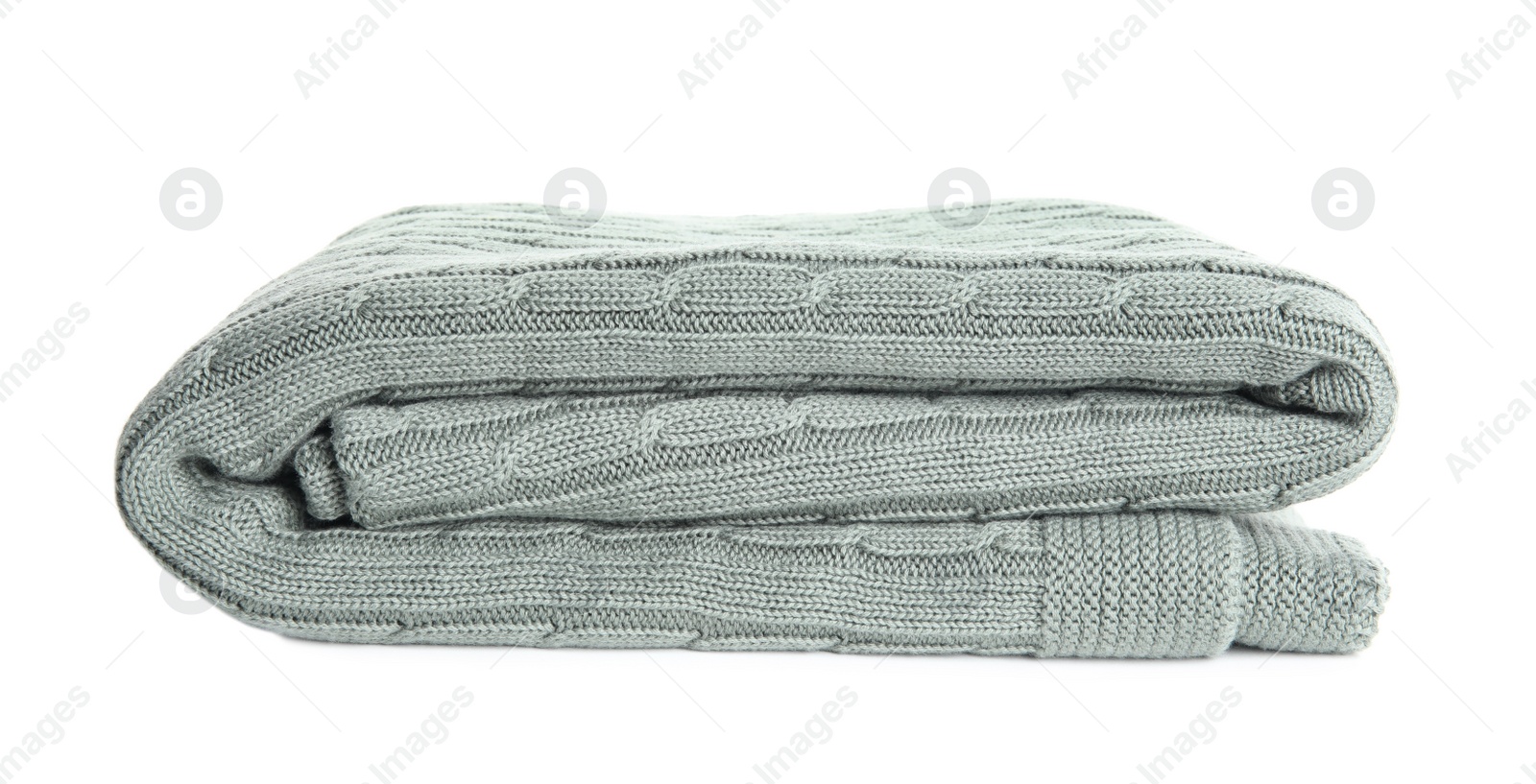 Photo of Stylish grey knitted plaid on white background