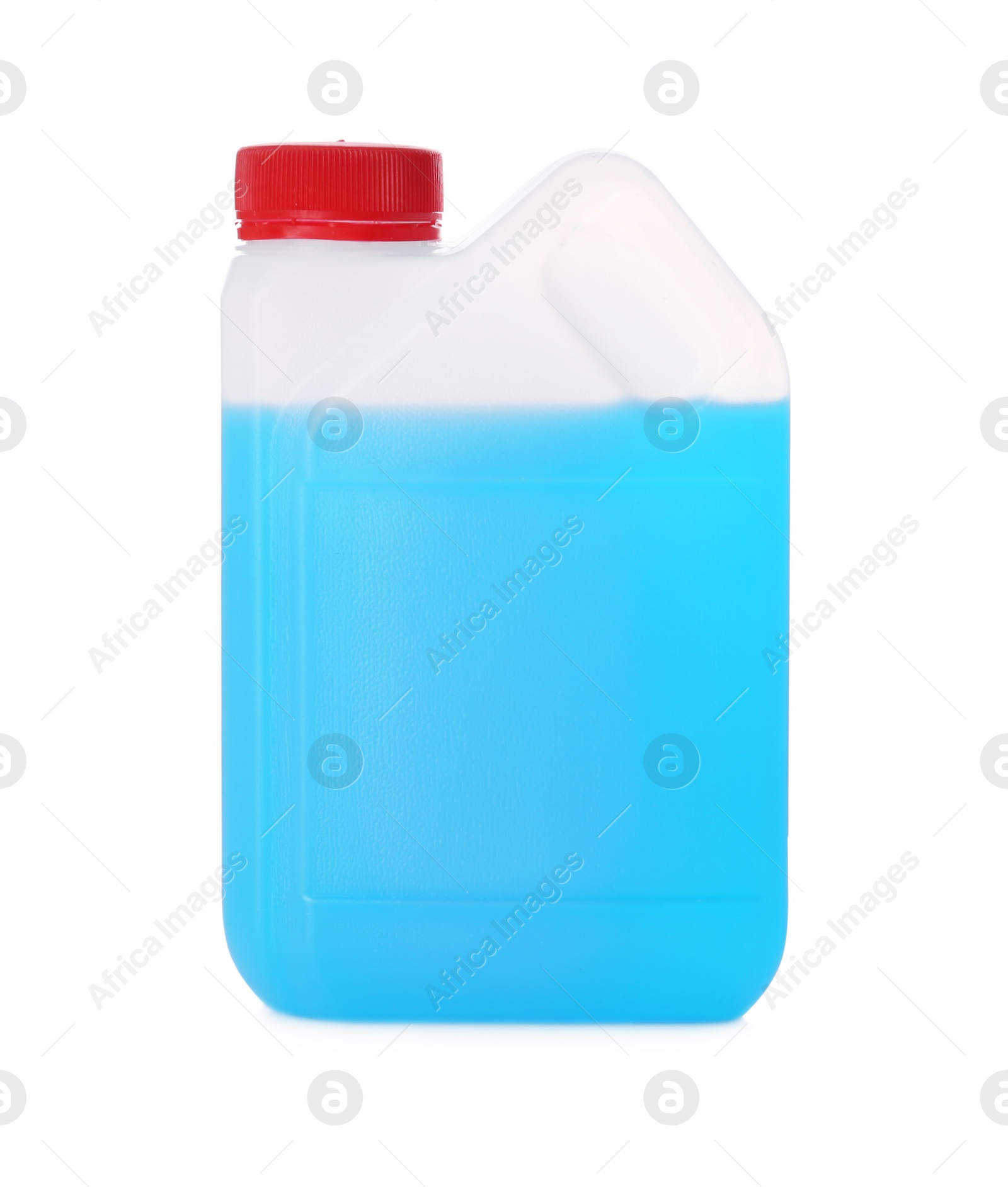 Photo of Canister with blue liquid isolated on white