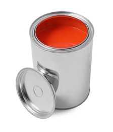 Photo of Can of orange paint isolated on white