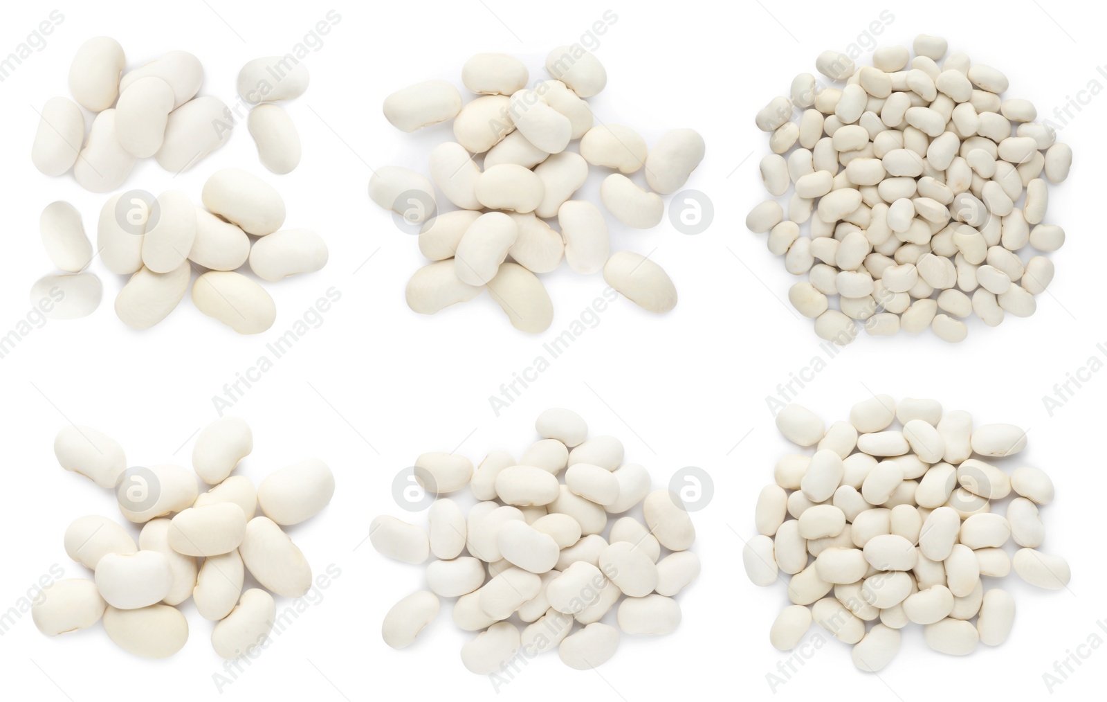 Image of Set with uncooked beans on white background, top view