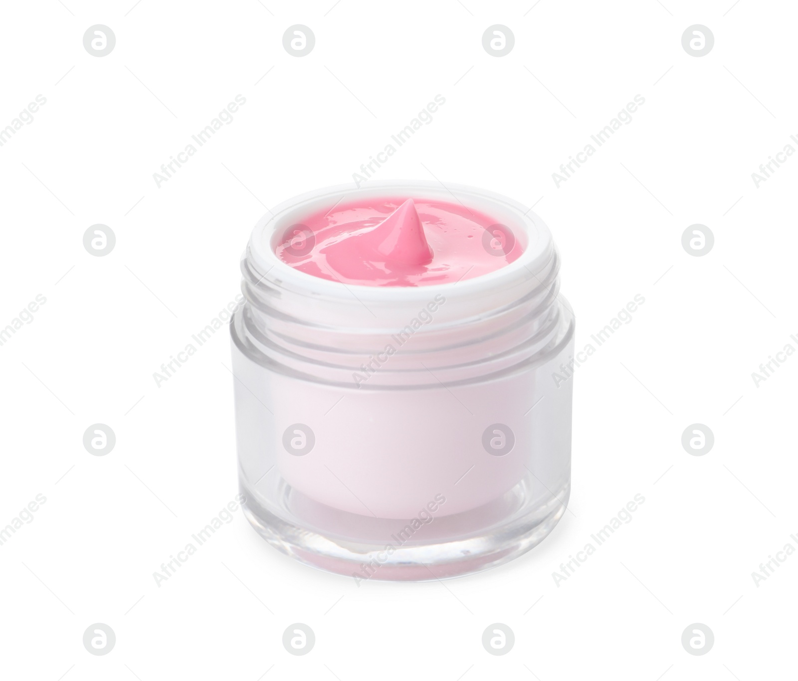 Photo of Glass jar with natural pomegranate facial mask isolated on white