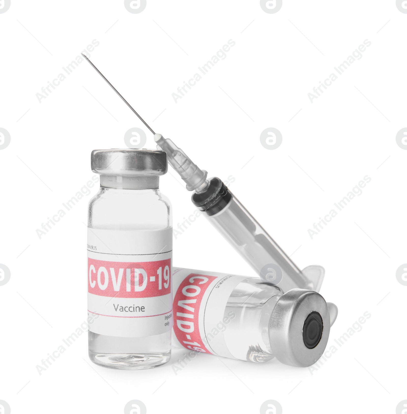 Photo of Vials with vaccine against coronavirus and syringe on white background