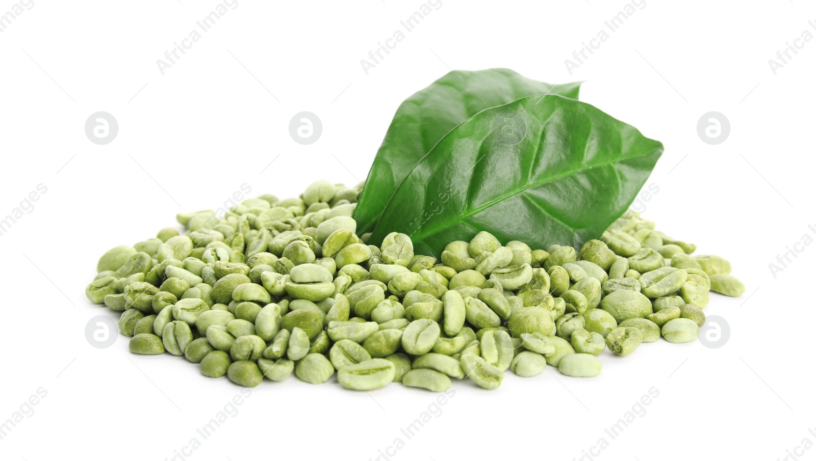 Photo of Green coffee beans and fresh leaves on white background