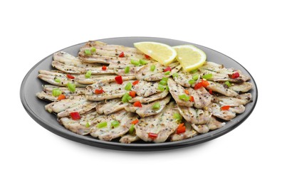 Photo of Tasty pickled anchovies with spices and lemon isolated on white