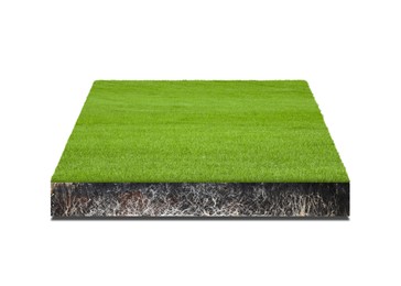 Green grass with soil. Land piece in shape of square isolated on white