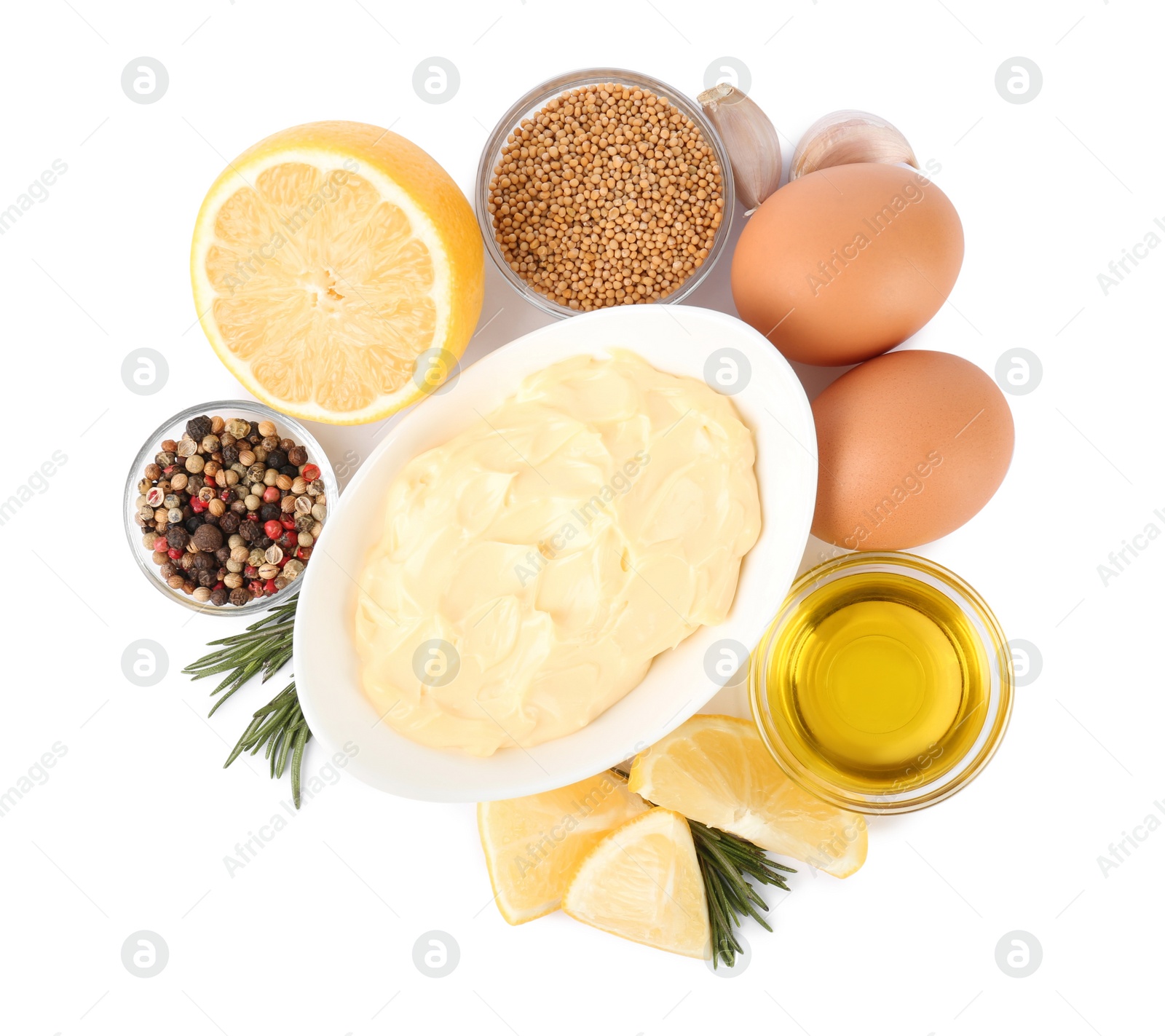 Photo of Delicious homemade mayonnaise, spices and ingredients on white background, top view